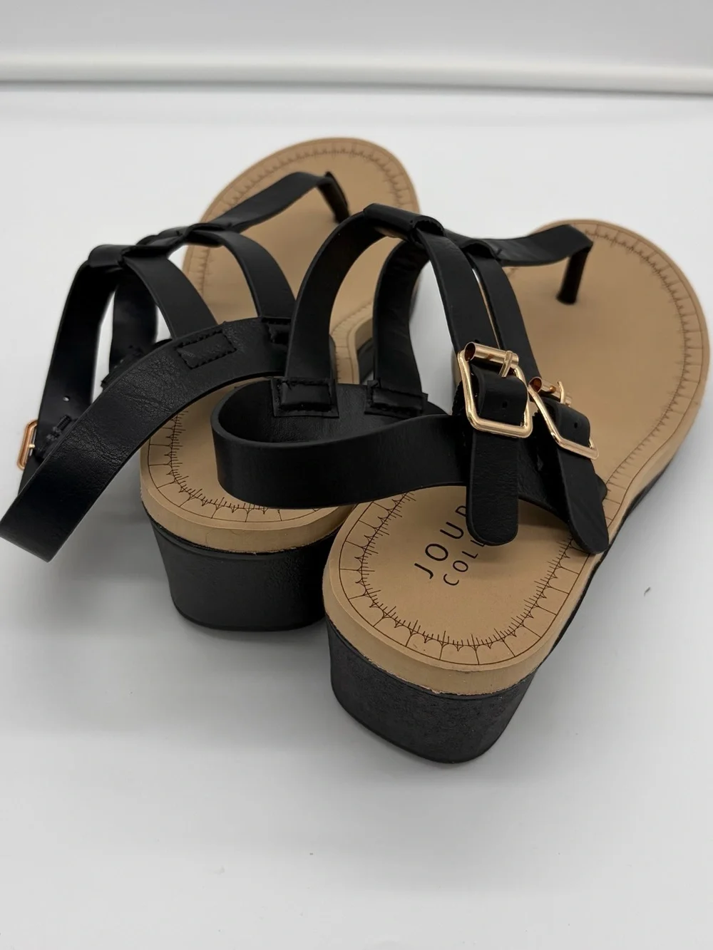 Women's Black T-Strap Sandals with Gold Buckles